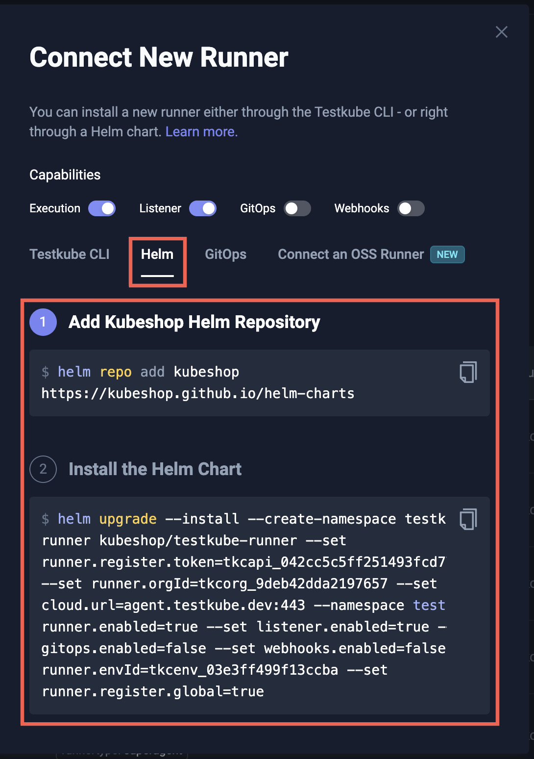Connect New Runner with Helm Dialog