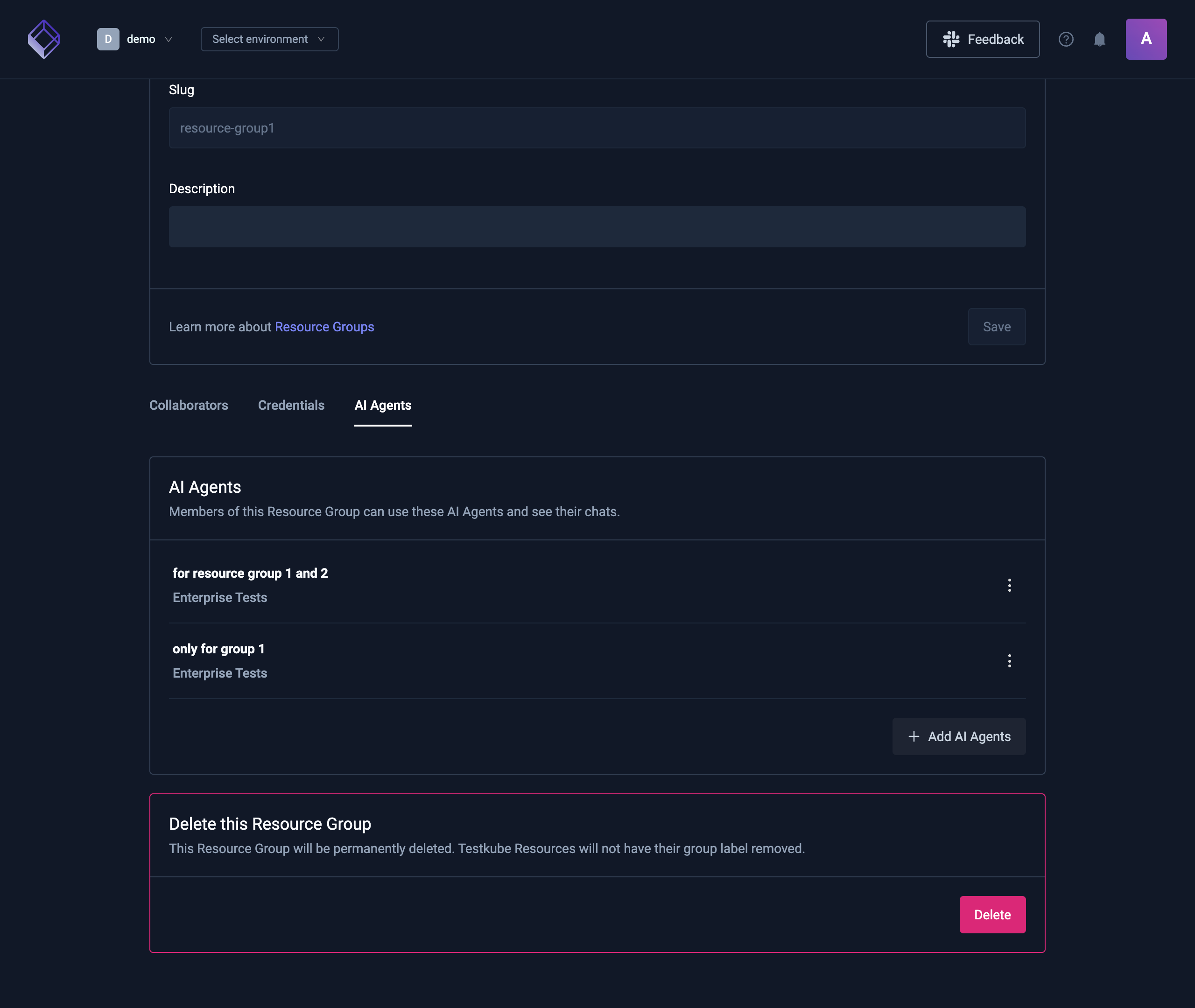 The AI Agents tab of a Resource Group, listing two AI Agents and their Environment