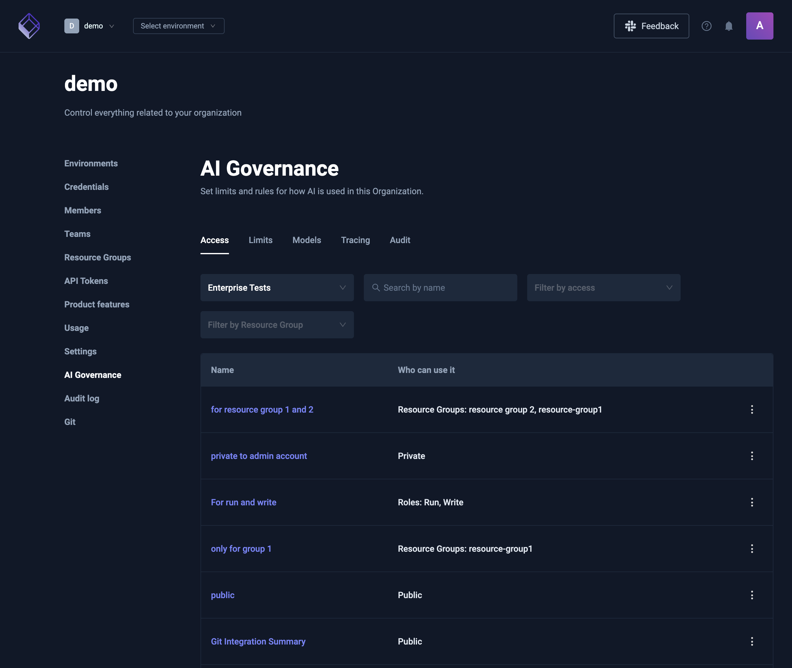 AI Governance Access tab listing the AI Agents of an Environment and who can use each one