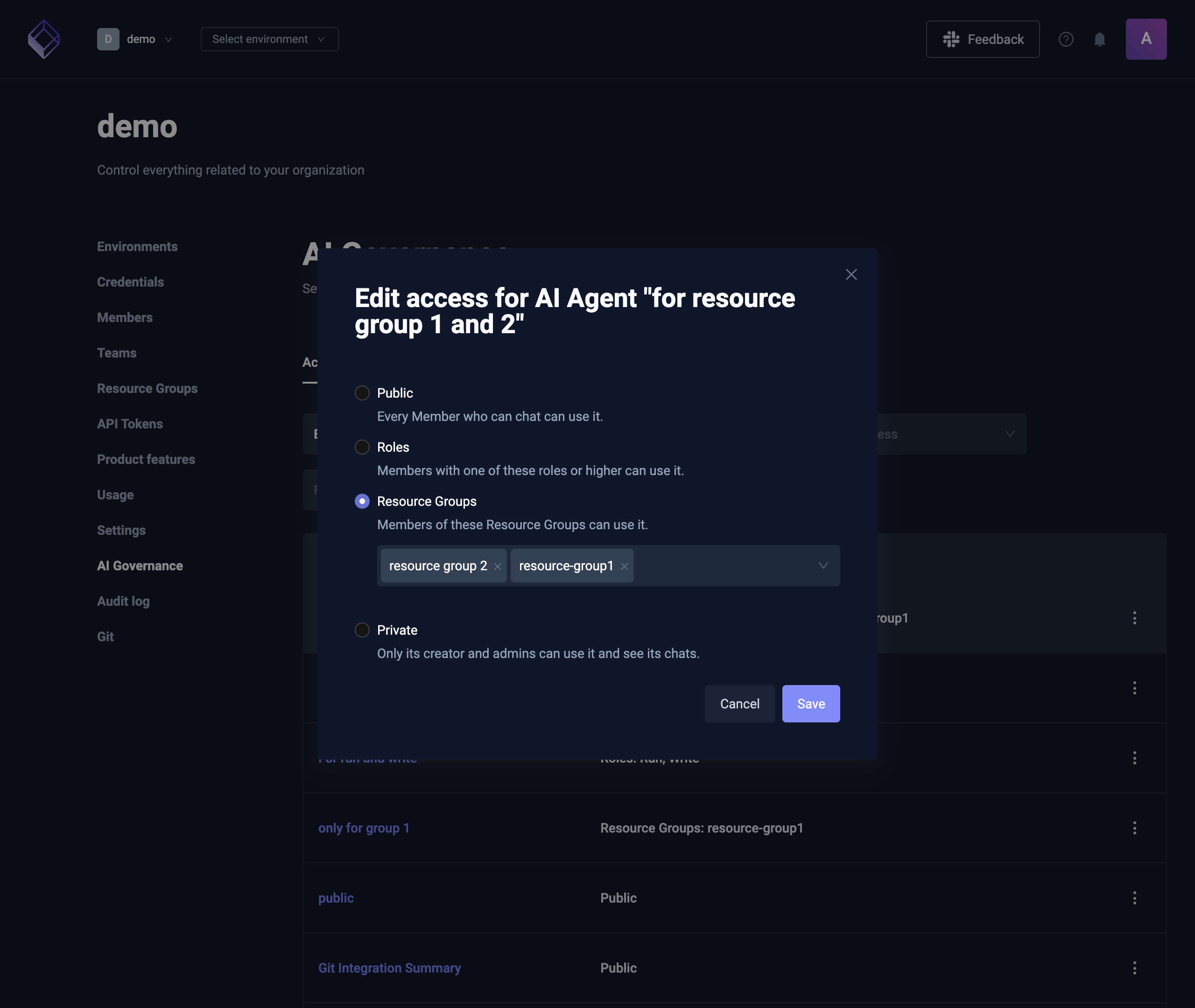 The Edit access modal with two Resource Groups chosen