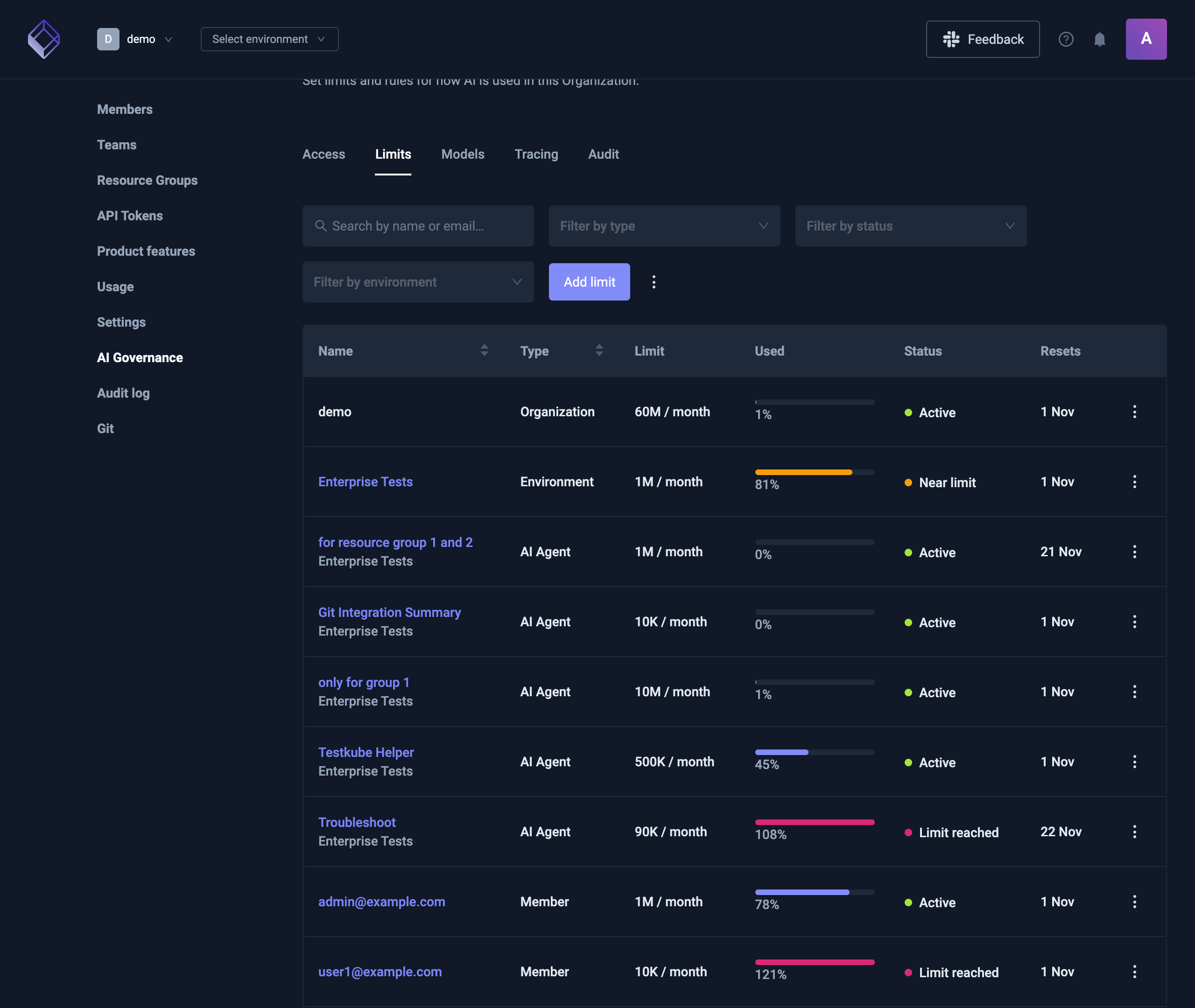 AI Governance Limits tab listing limits of different types and statuses