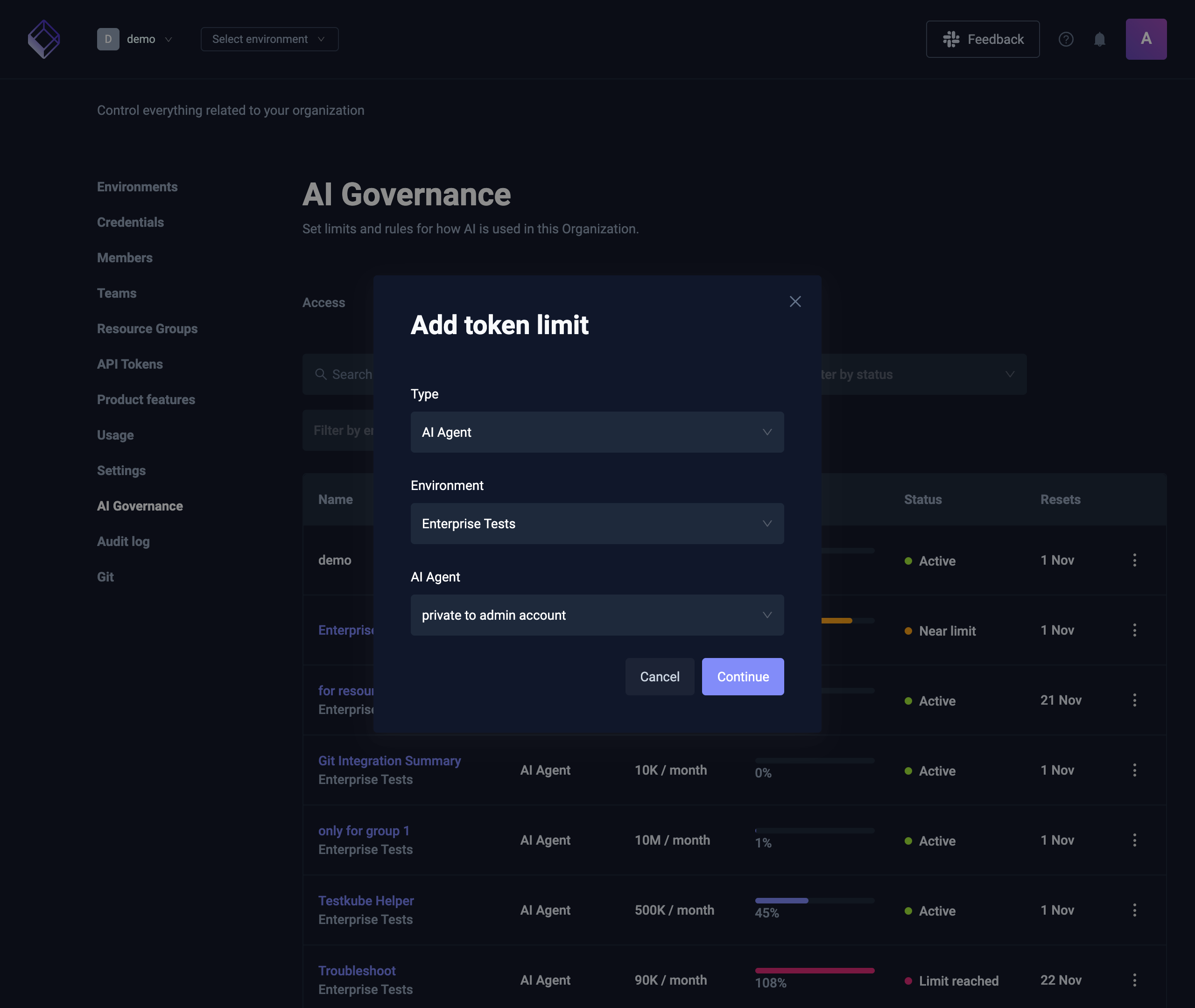 The Add token limit modal