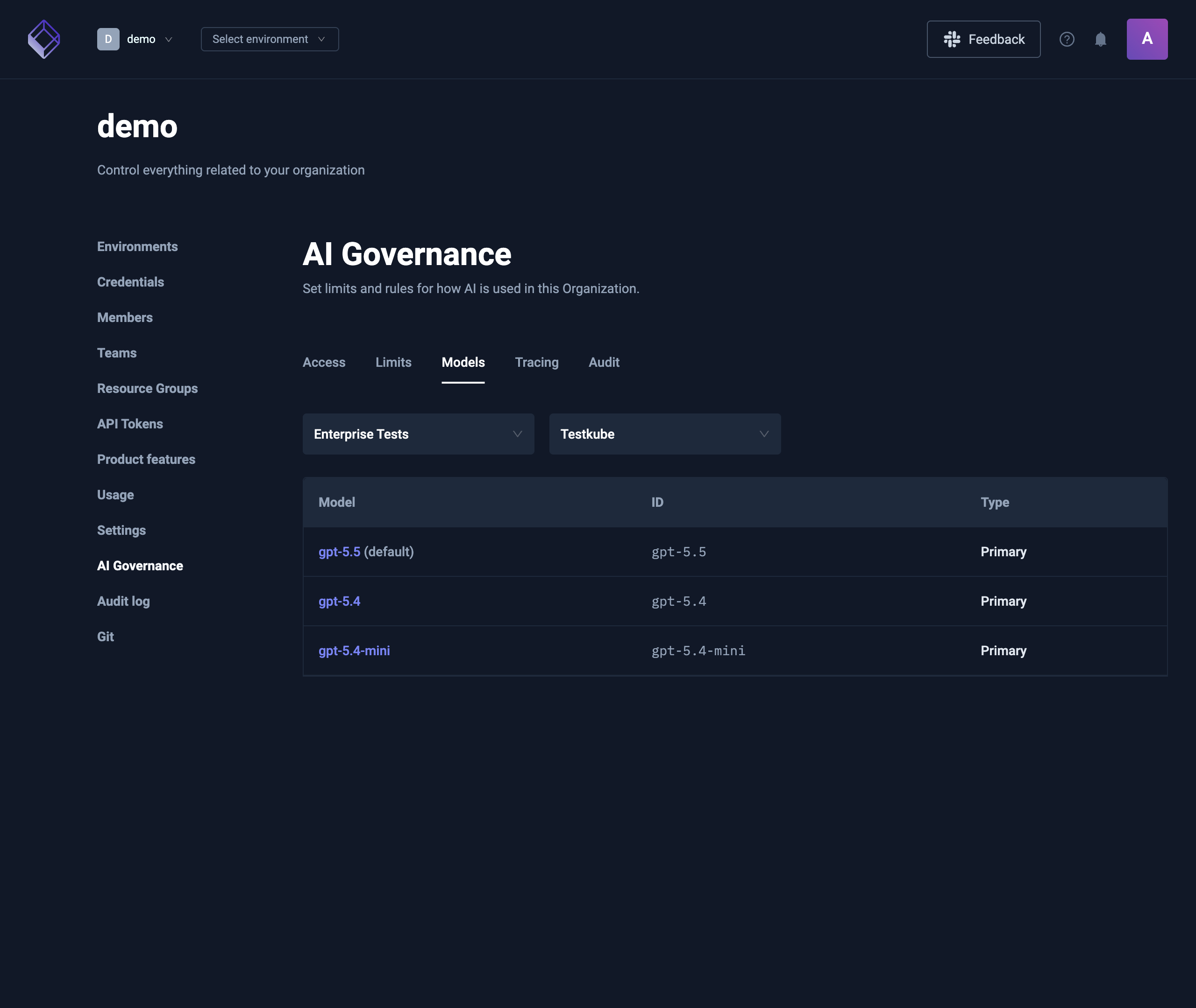 AI Governance Models tab with an Environment and provider selected