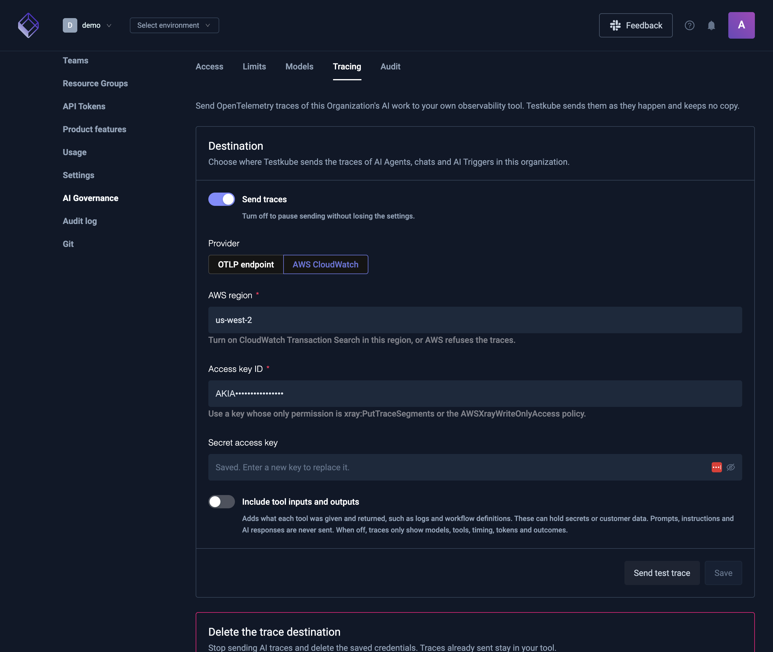 The Tracing tab of AI Governance with an AWS CloudWatch destination