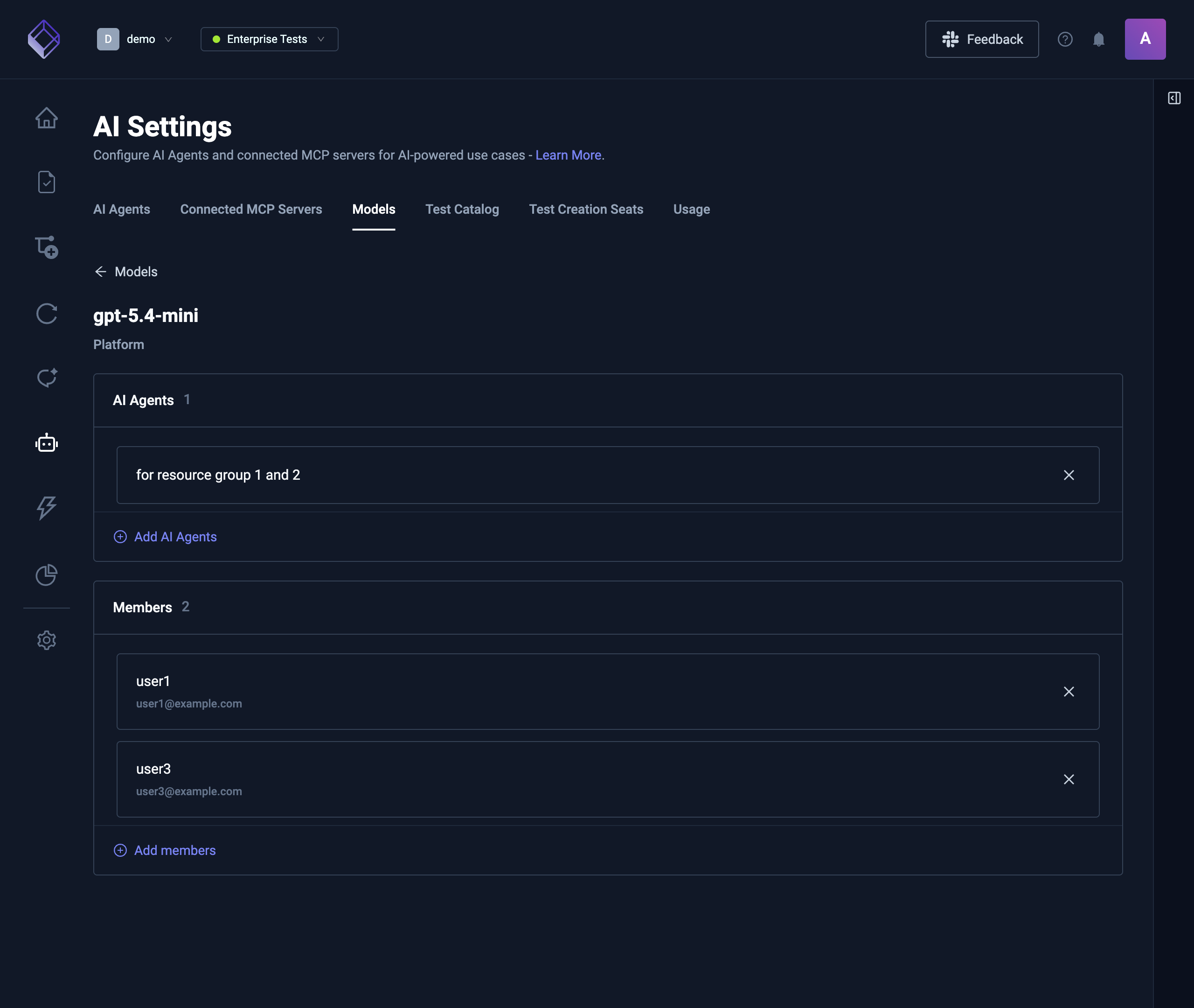 A model's details page with its AI Agents and Members cards