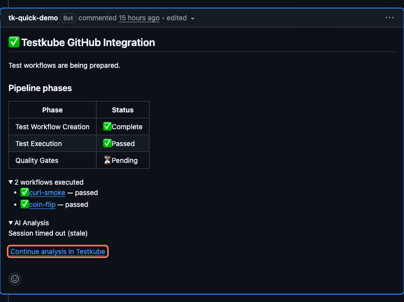 Detailed PR comment with the "Continue analysis in Testkube" link highlighted