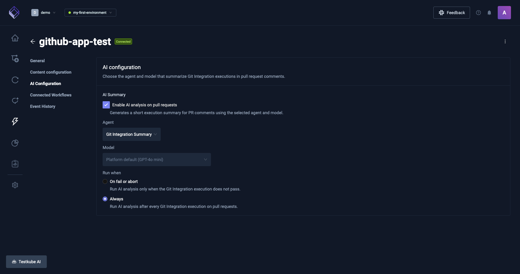 AI Configuration tab with agent, model, and run-when controls