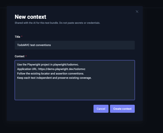 New context dialog with reusable TodoMVC test conventions