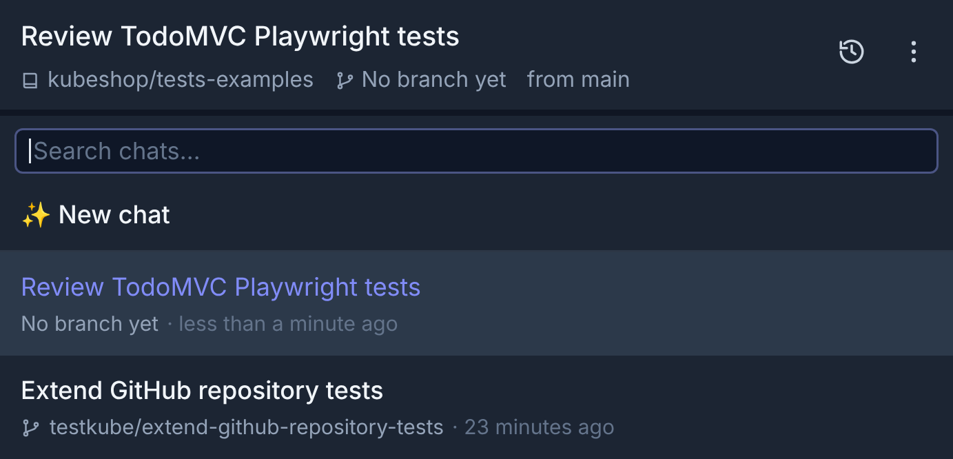Chat selector showing two TodoMVC chats, their branch information, Search chats, and New chat