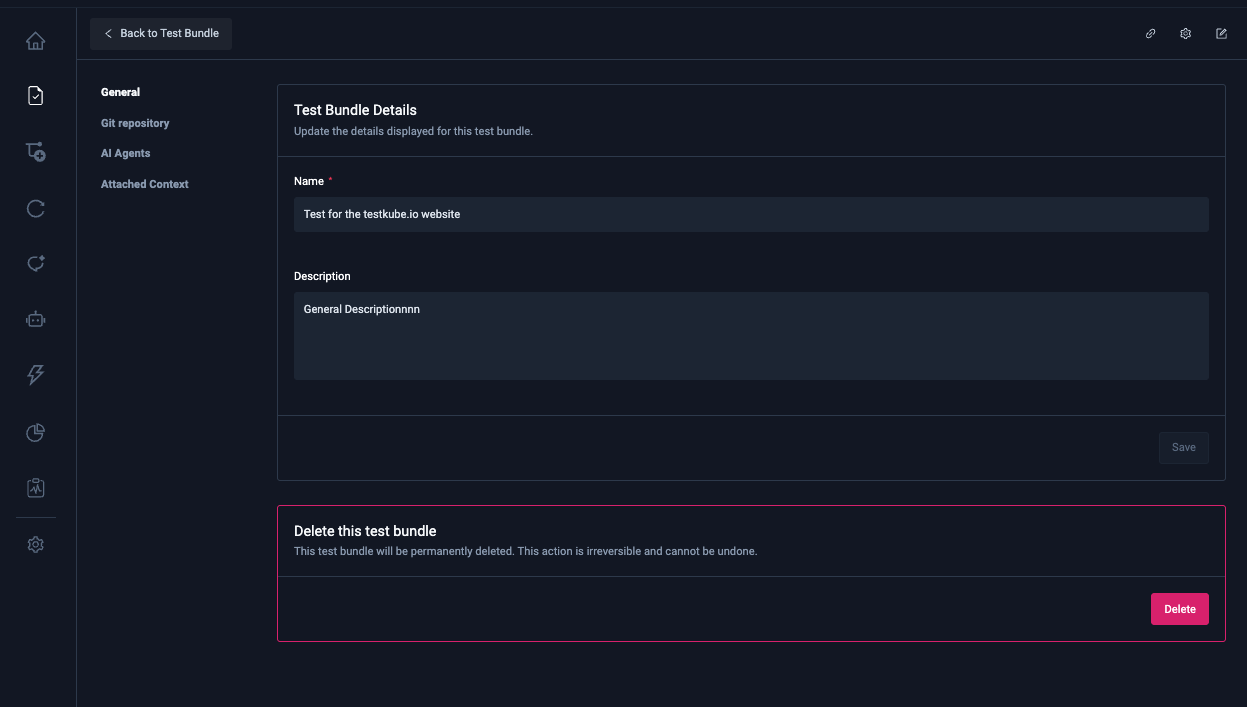 Test Bundle Details showing the bundle name and description in Settings