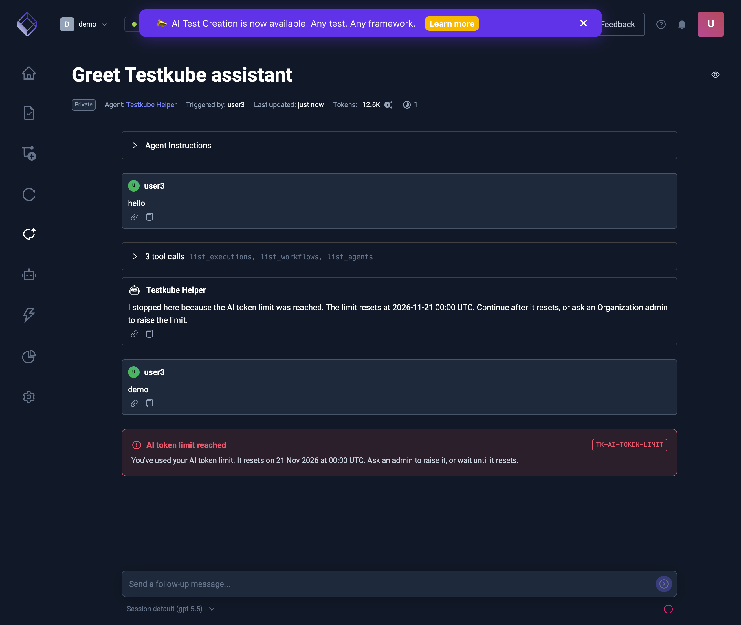 A chat where an answer stopped at the token limit and the next message was refused
