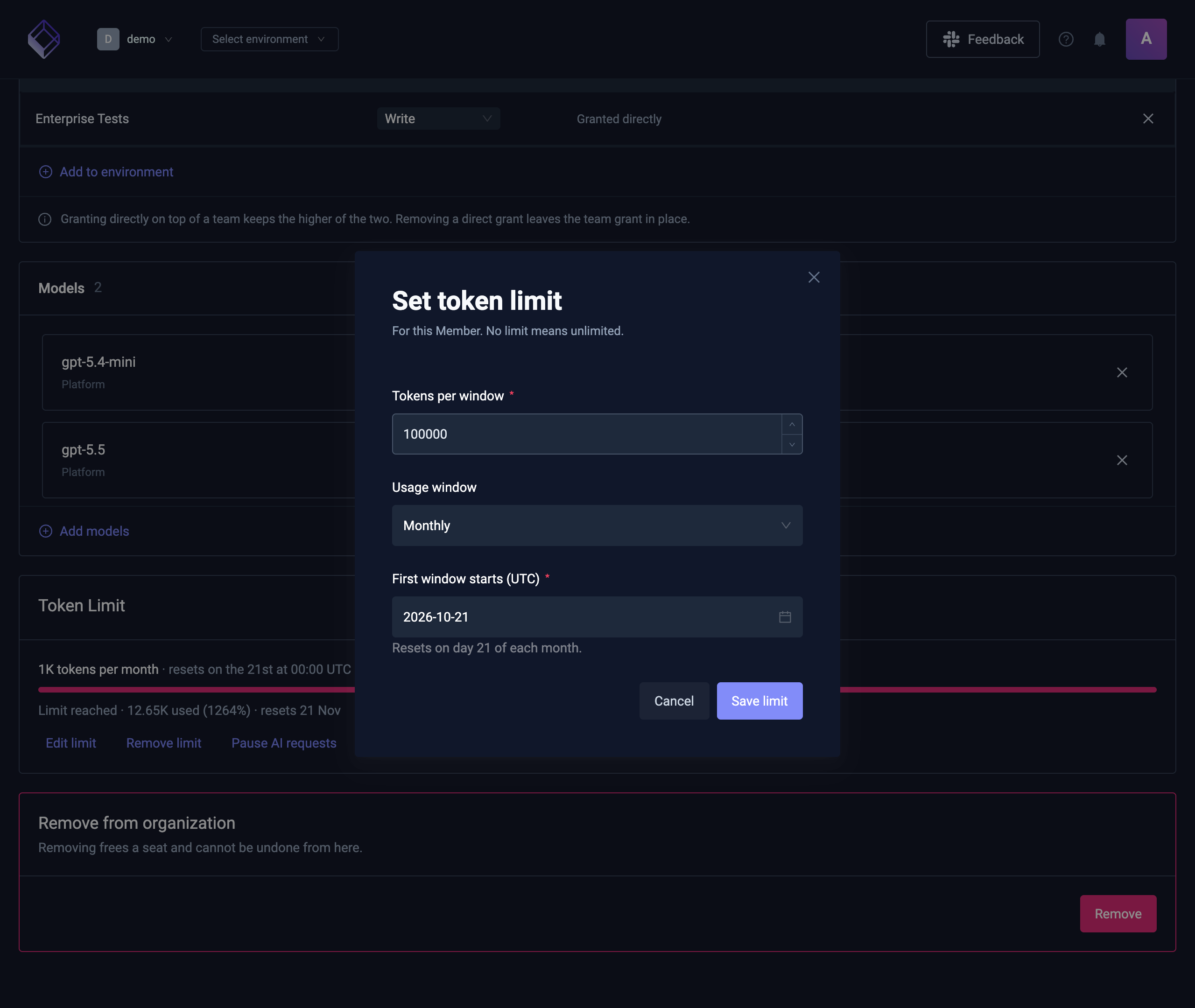 The Set token limit modal