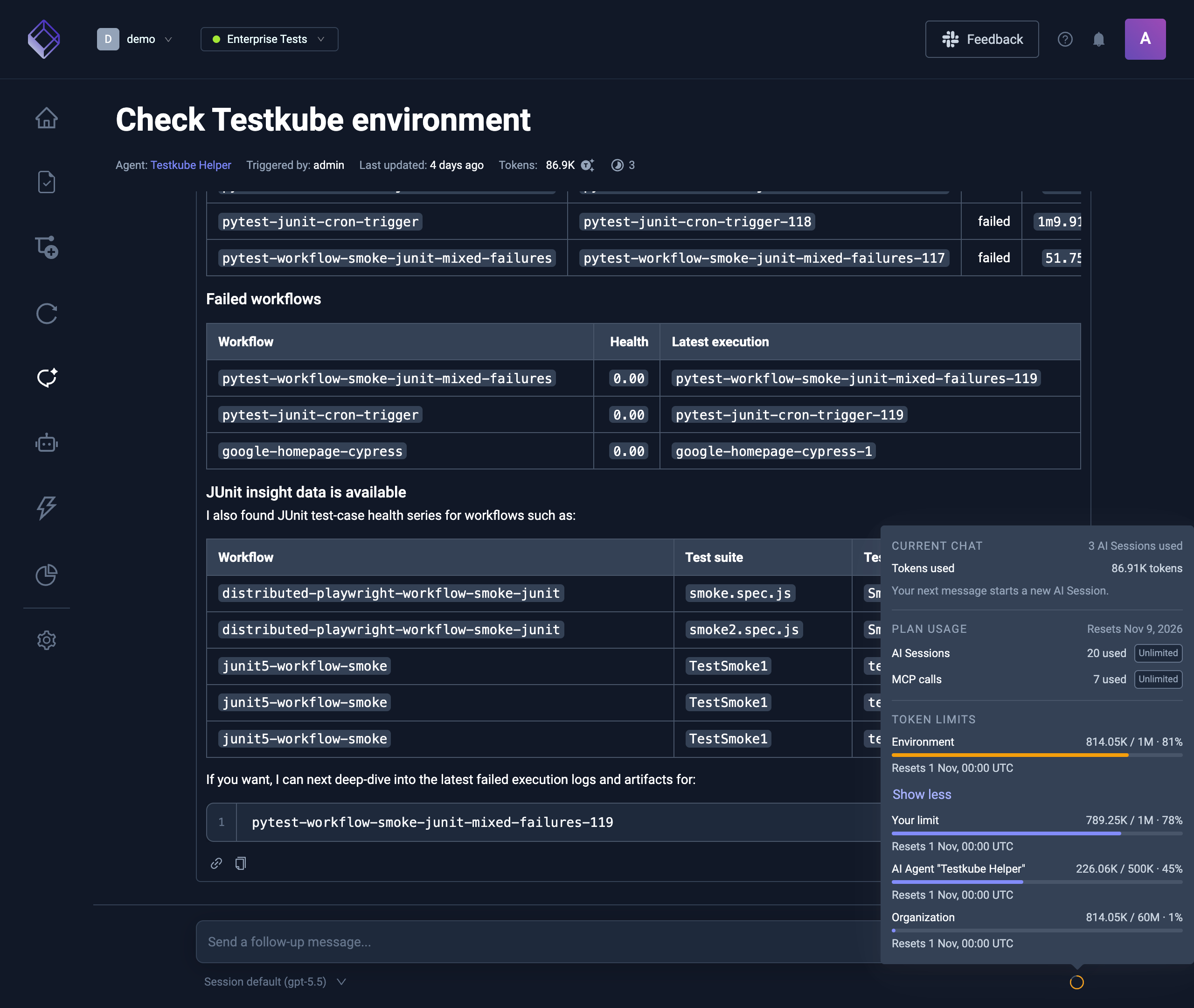 Usage ring tooltip with the chat's tokens, plan usage, and the Environment limit at 81% above the other limits