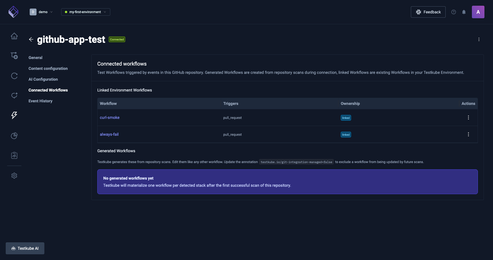 Connected Workflows tab listing the auto-generated Workflows for the repository
