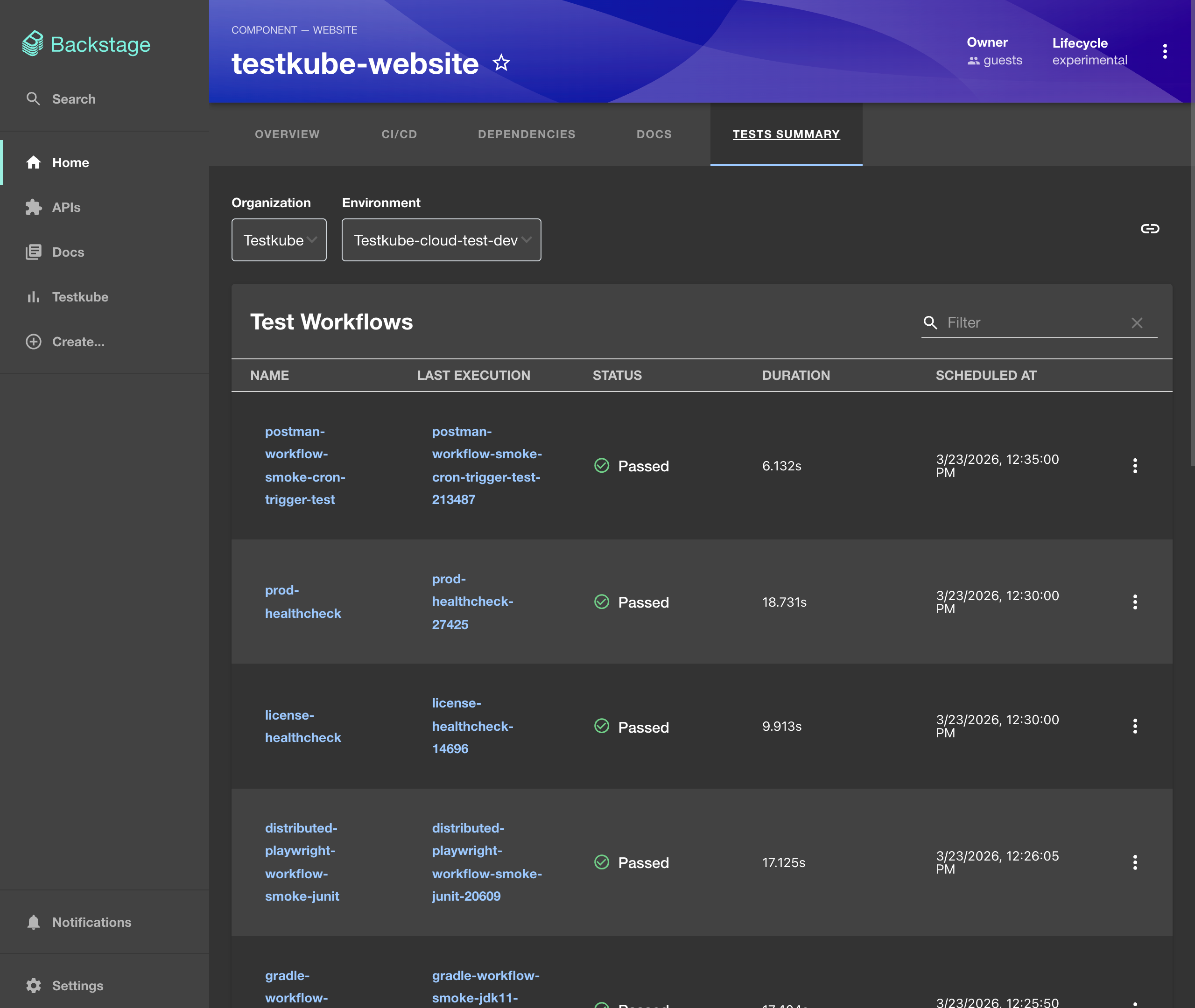 Backstage Testkube Entity Page