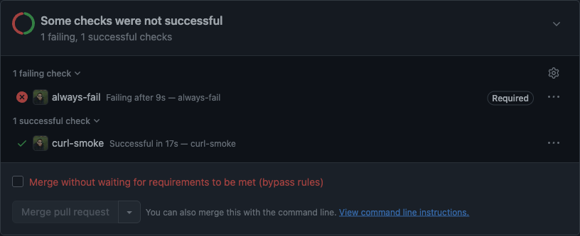 PR merge status widget with the required Testkube check failing and the Merge button disabled