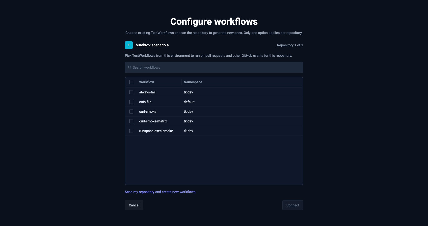 Connect repository wizard step showing existing TestWorkflows to attach