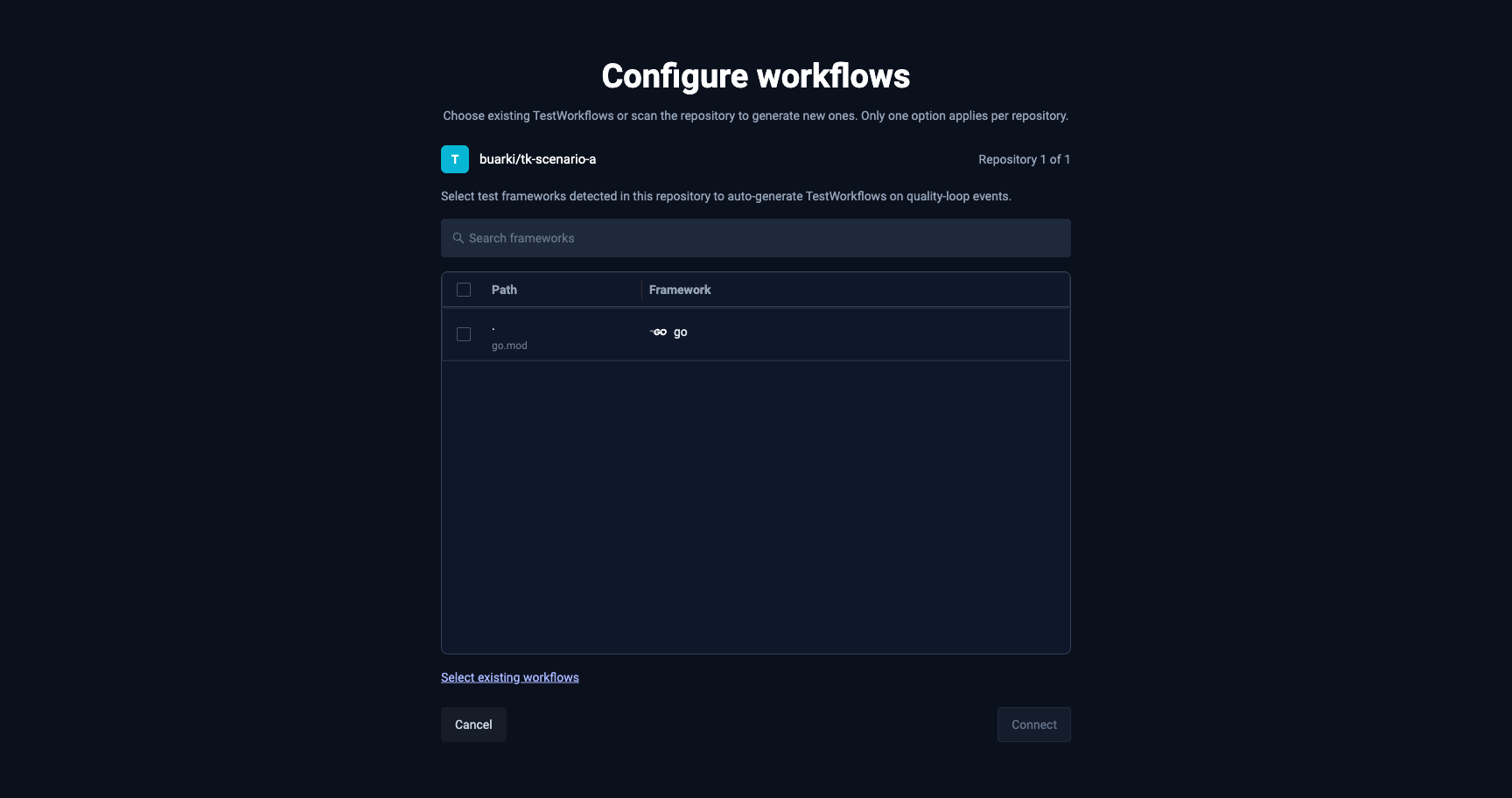 Connect repository wizard scan result with detected frameworks