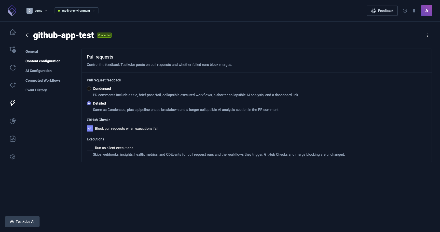 Content configuration panel with pull request toggles, comment mode, and silent executions checkbox