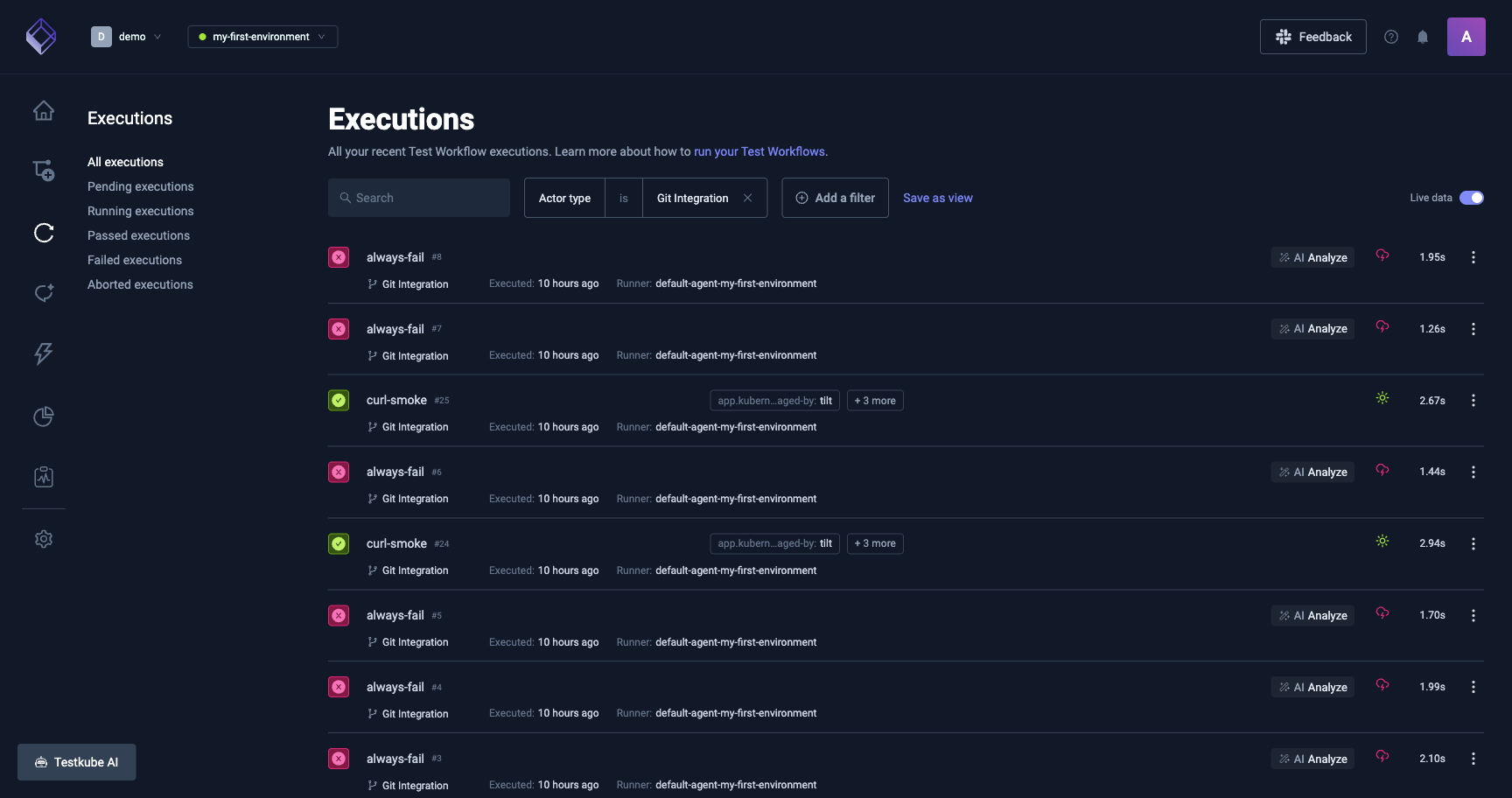 Executions page with the Git Integration actor filter chip applied