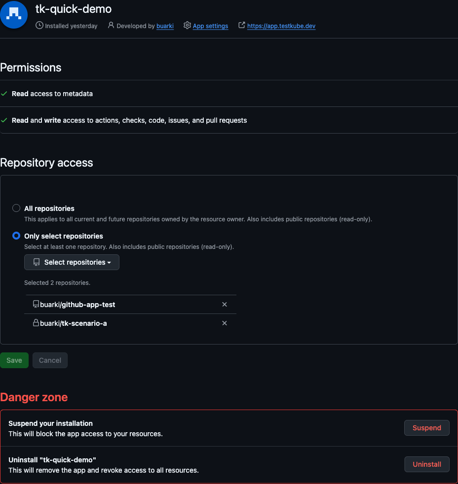 GitHub App installation screen with permissions and the repository access selector