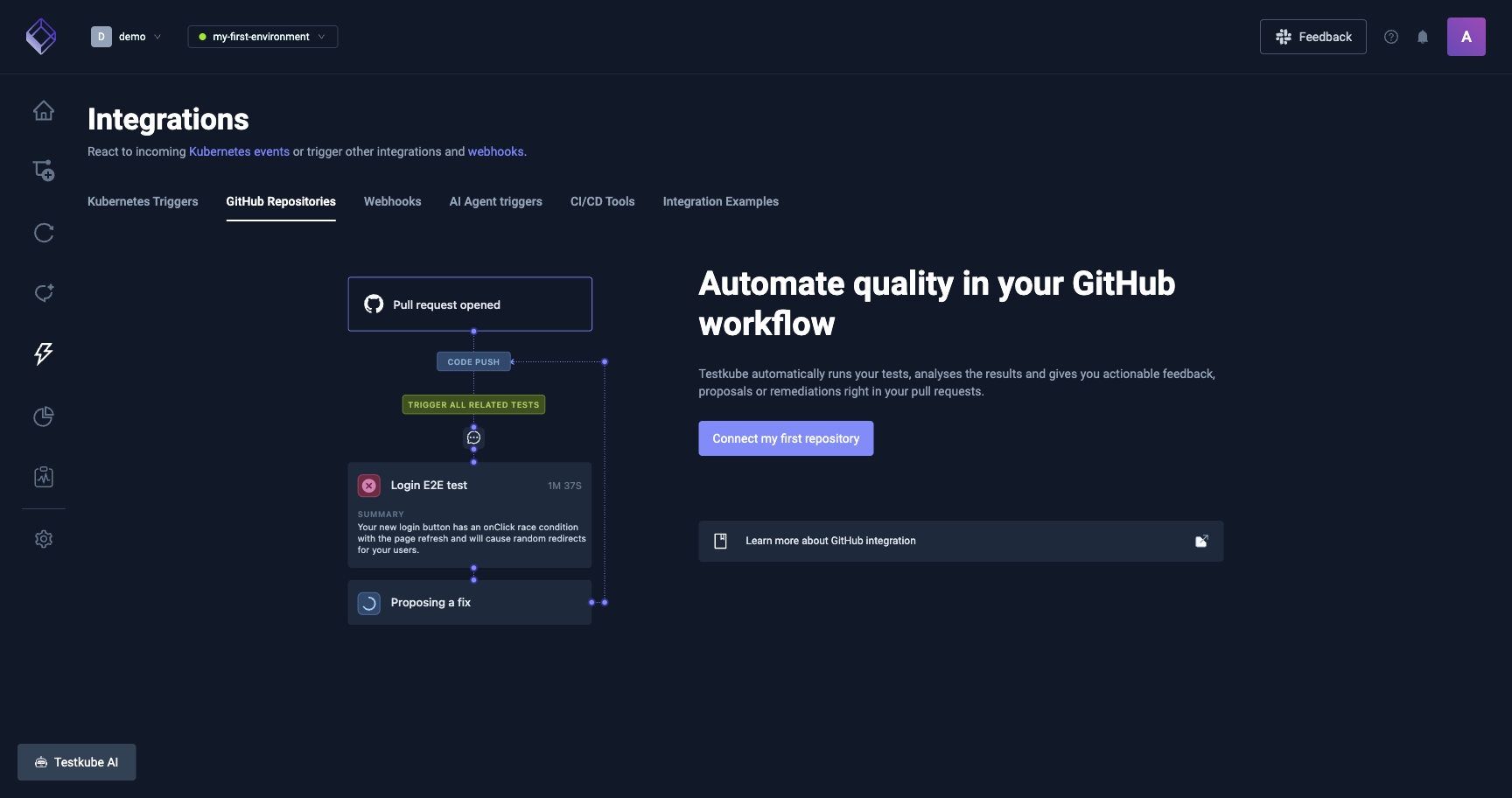 Empty state on the GitHub Repositories tab with the "Connect my first repository" call to action