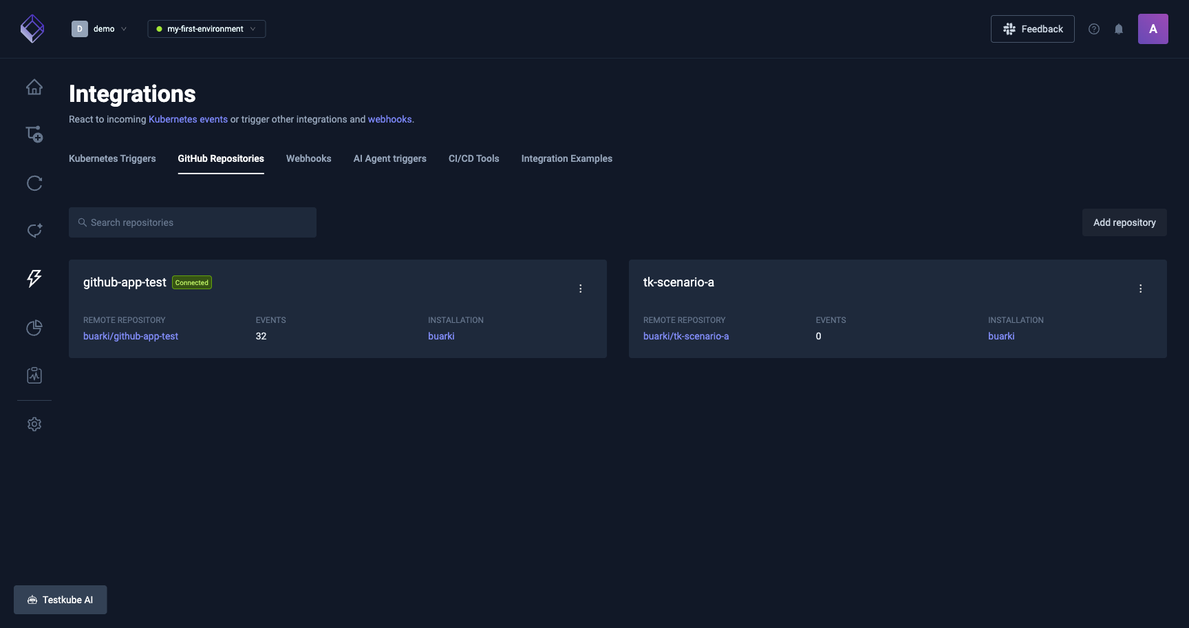 Integrations page listing a connected GitHub repository
