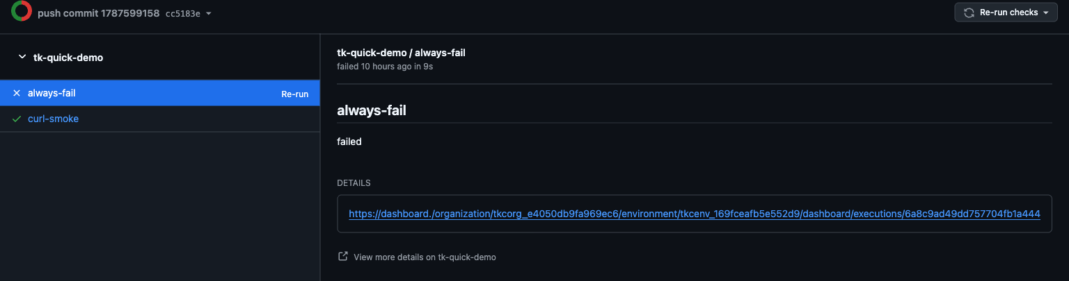 PR Checks tab with a failed Testkube Workflow and a red aggregate check-run