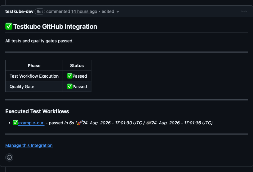 Condensed PR comment posted by the Testkube integration