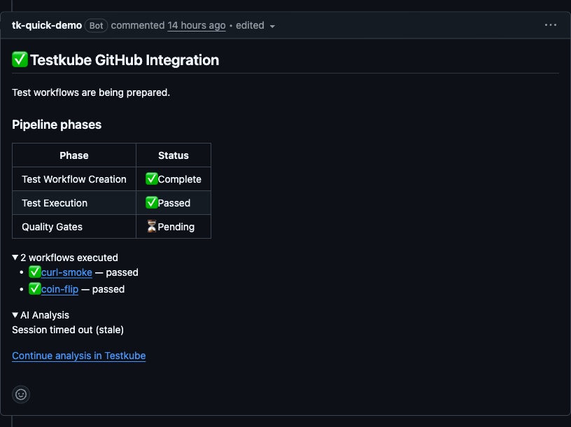 Detailed PR comment with pipeline phases and AI Analysis section